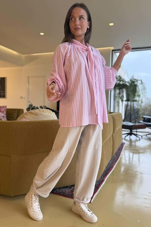 Nantucket Stripe Tie Neck Blouse Soft Peony